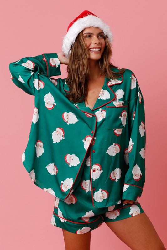 Santa Pattern Satin PJ Top Only Green