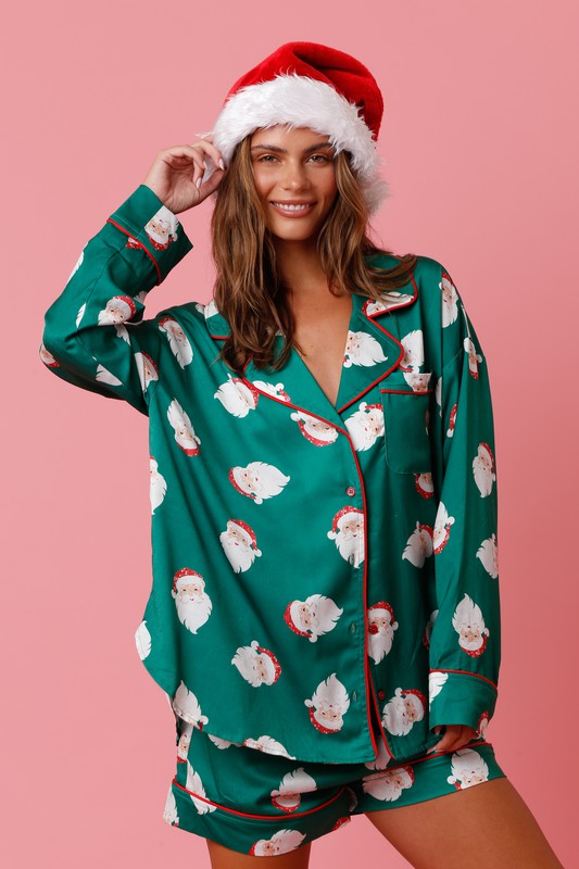 Santa Pattern Satin PJ Top Only Green