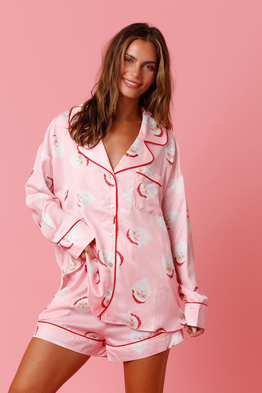 Santa Pattern Satin PJ Top Only Pink