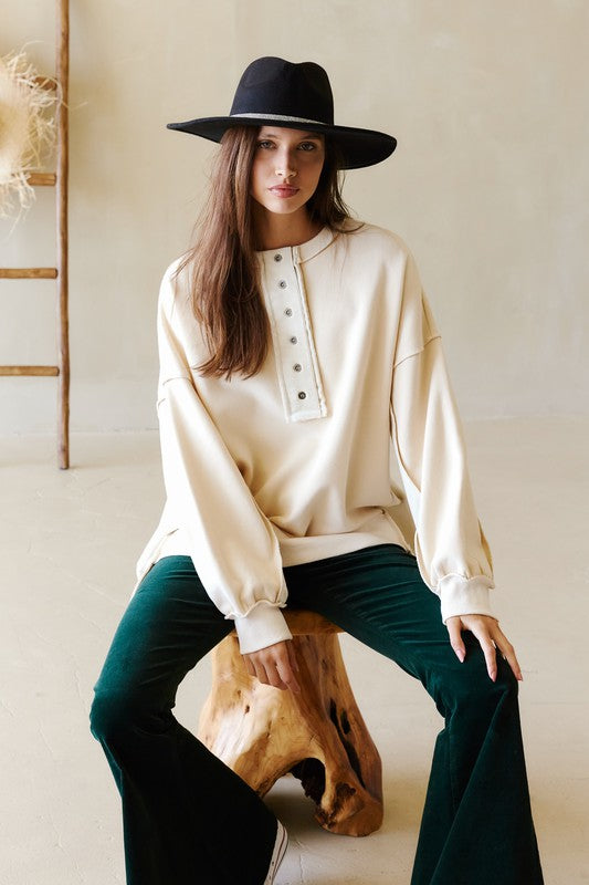 Henry Neck Color Block Sweatshirt Cream