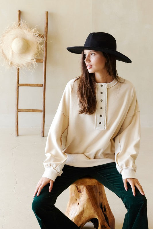 Henry Neck Color Block Sweatshirt Cream