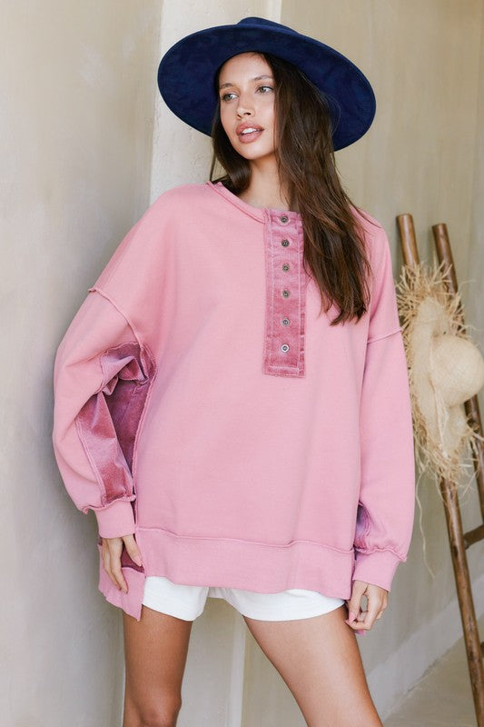 Henry Neck Color Block Sweatshirt Mauve