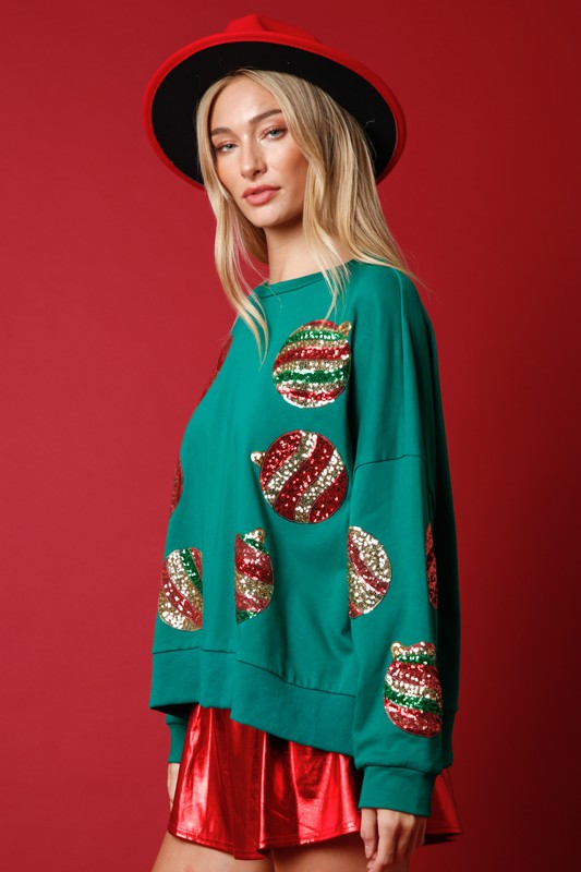 Sequin Christmas Ornament Sweatshirt Green