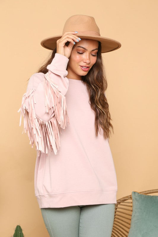 Fringe Sleeve Knit Sweatshirt Dusty Pink