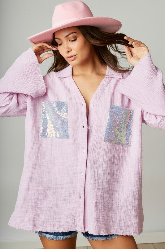 Howdy Sequin Patch Gauze Shirt Lavender