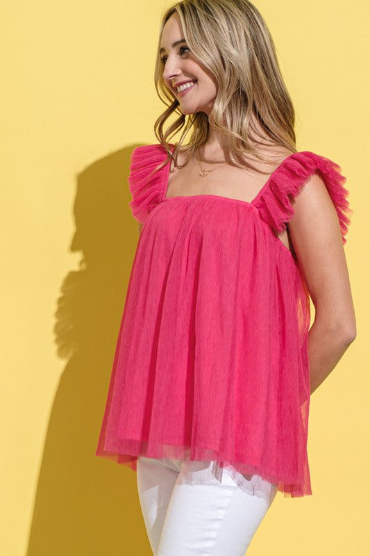 Tiered Ruffled Tulle Cami Tank Pink