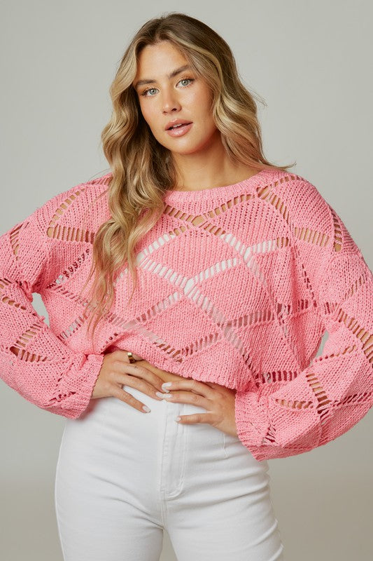 Open Stitch Boxy Knit Top Pink