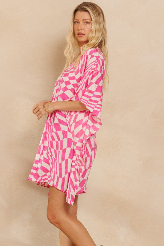 Woven Print Shift Dress Pink