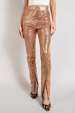 Sequin High Waisted Slit Pants Rose Gold - Southern Fashion