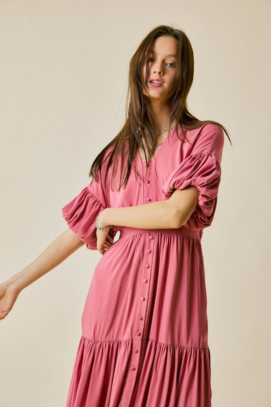 Solid V-Neck Button Down Midi Dress Blush