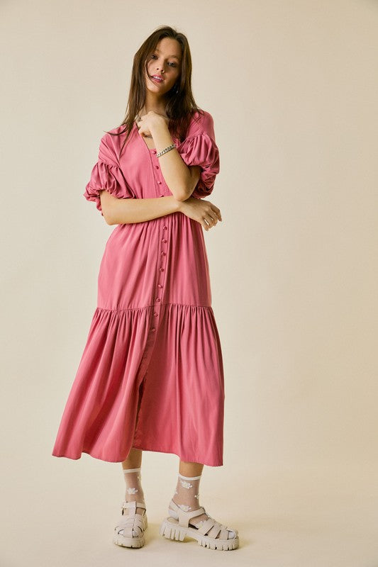 Solid V-Neck Button Down Midi Dress Blush