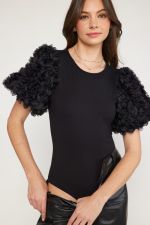 Floral Applique Sleeve Bodysuit Black