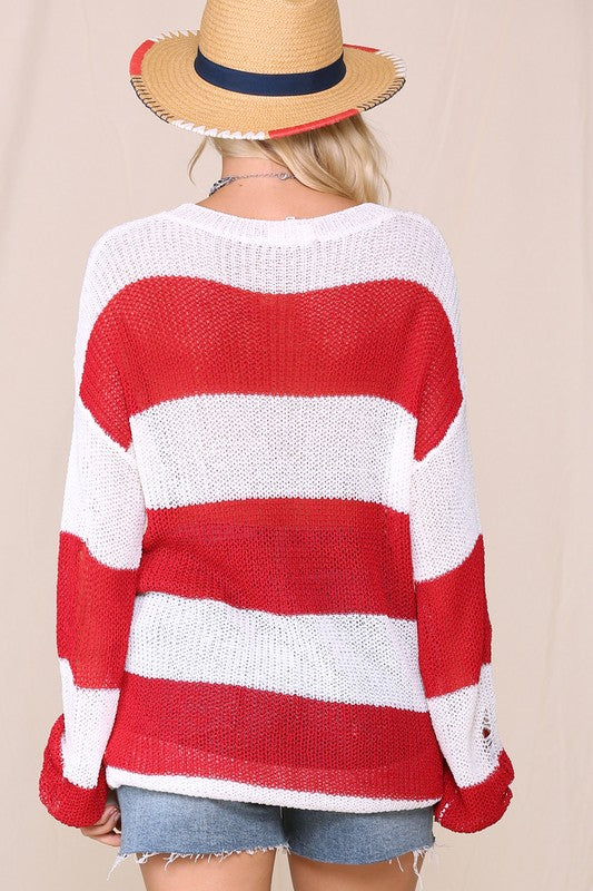 Oversize Distressed Striped Sweater Red