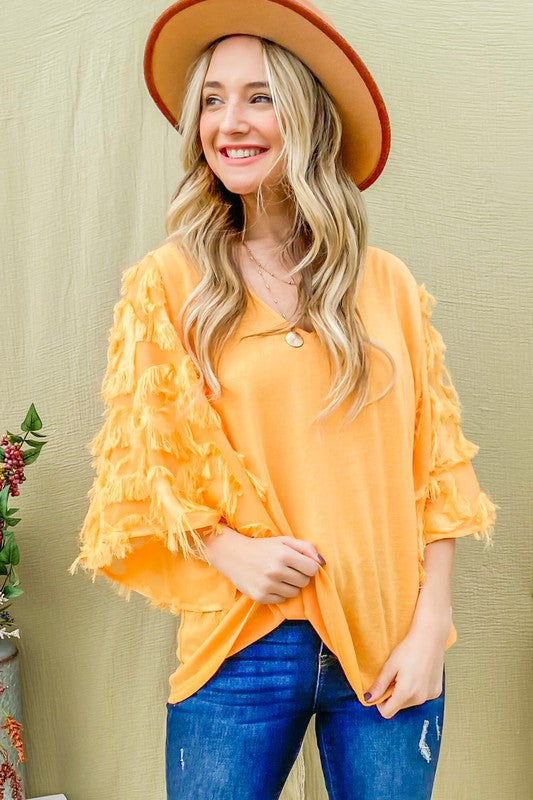 Feather Detail 3/4 Sleeve Slub Top Mimosa