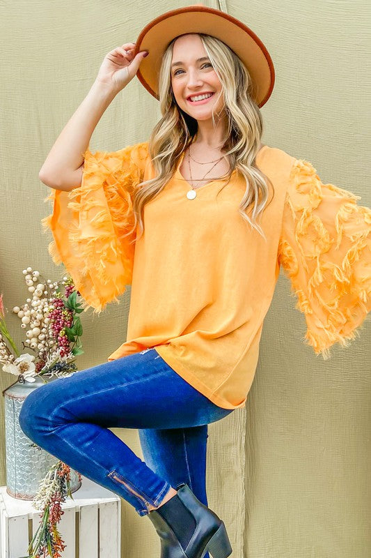 Feather Detail 3/4 Sleeve Slub Top Mimosa