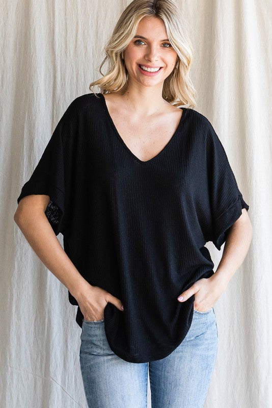 Solid V-neck Boxy Top Black