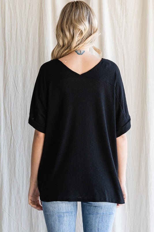 Solid V-neck Boxy Top Black