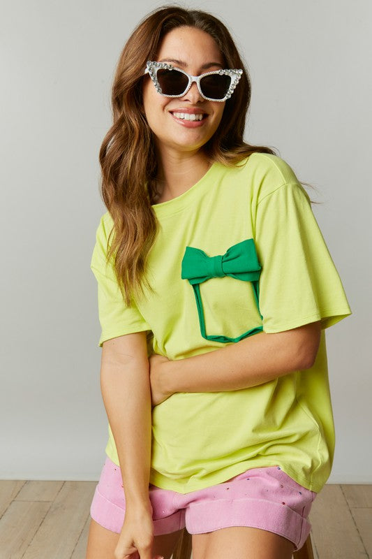 Cotton Jersey Ribbon Pocket Top Lime Green