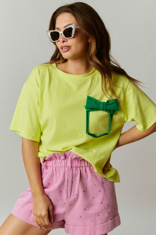 Cotton Jersey Ribbon Pocket Top Lime Green