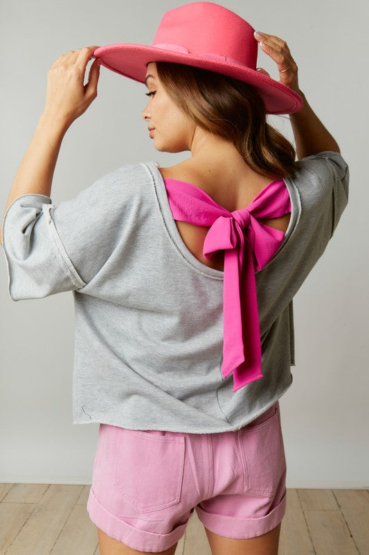 Color Block Tee with Back Bow Detail Grey