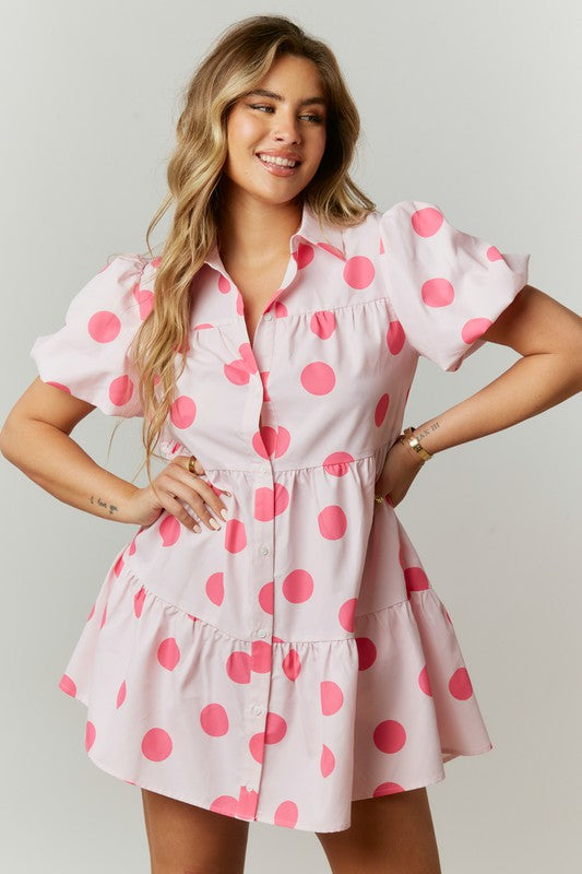 Dot Print Babydoll Shirt Dress Pink