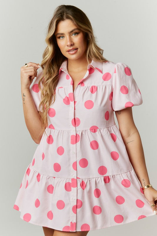 Dot Print Babydoll Shirt Dress Pink