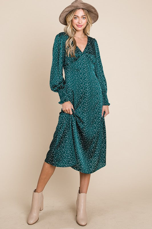 Polka Dot Satin Long Sleeve Midi Dress Green