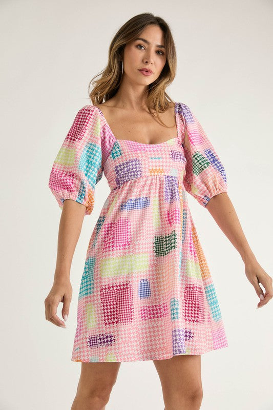 Houndstooth Pattern Puff Sleeve Dress Pink