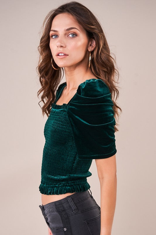 Ivy Velvet Smocked Top Emerald