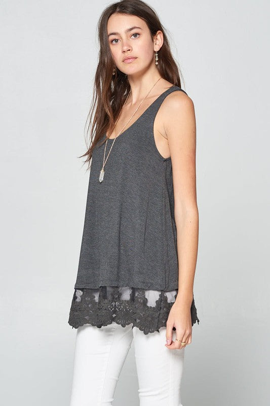 Sleeveless Lace Tunic Tank Top Charcoal - Southern Fashion Boutique Bliss