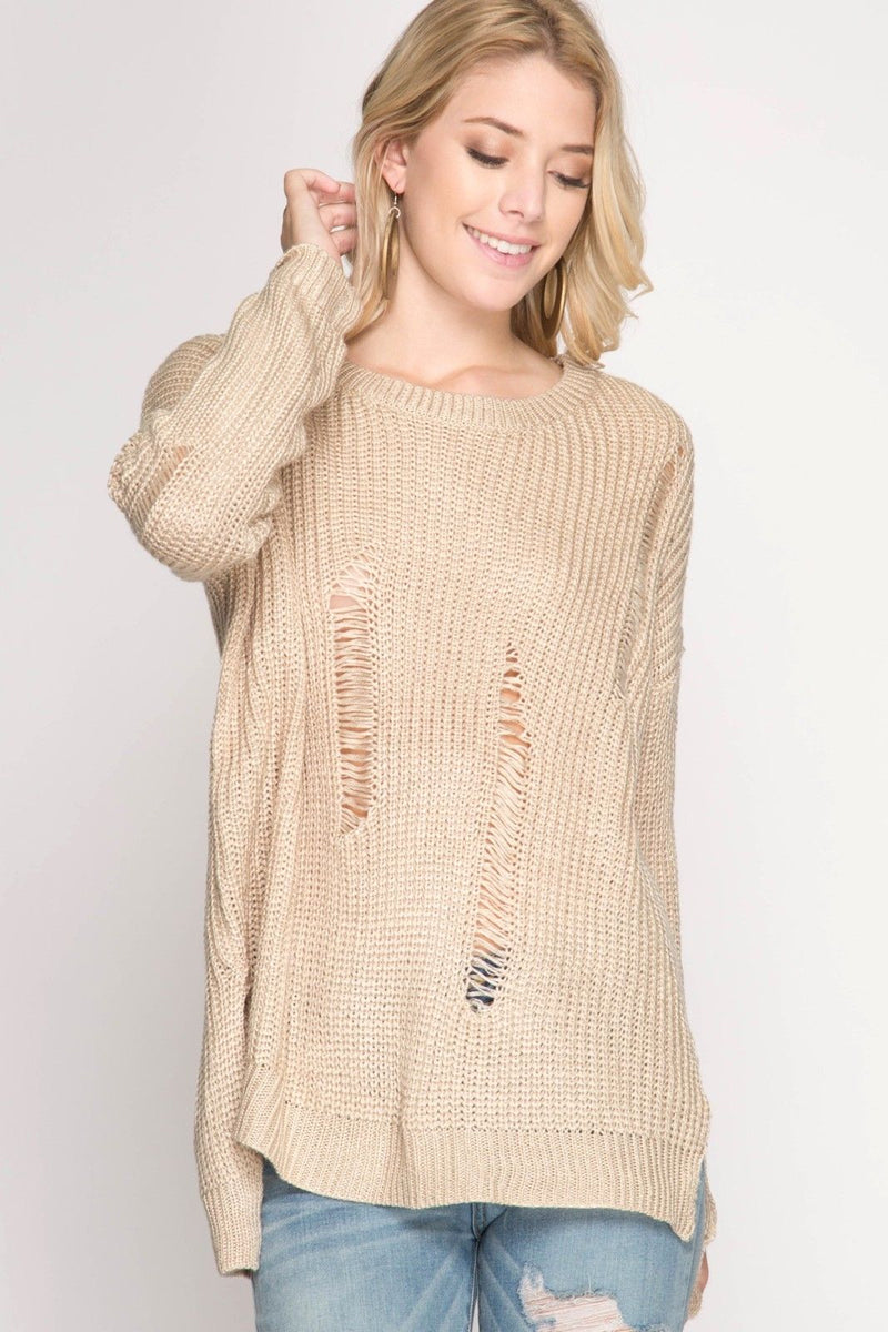 Distressed Sweater Open Back Straps Taupe - Athens Georgia Women's Fashion Boutique