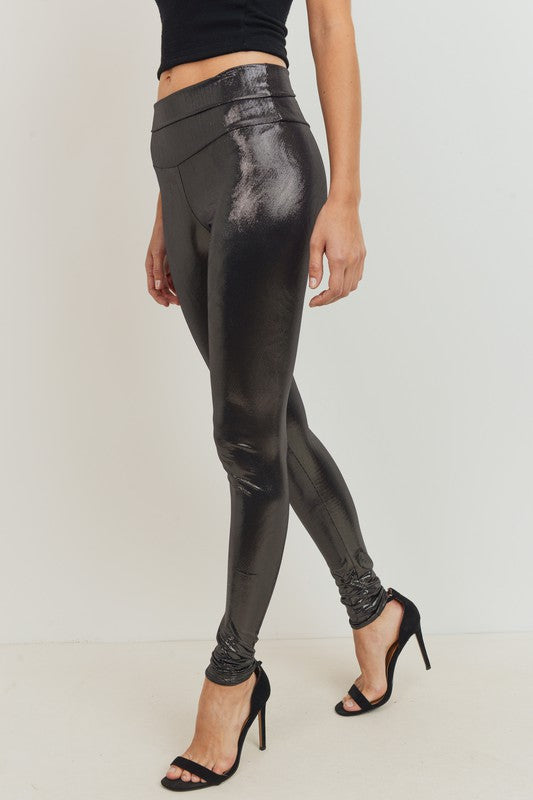 Metallic Shiny High Waist Leggings Black - Southern Fashion Boutique Bliss