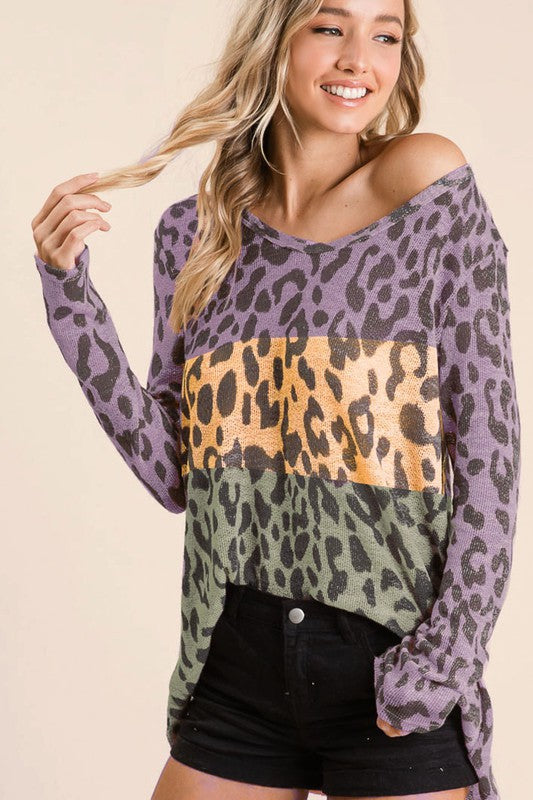 Leopard Print Low Gauge U Neck Top Purple