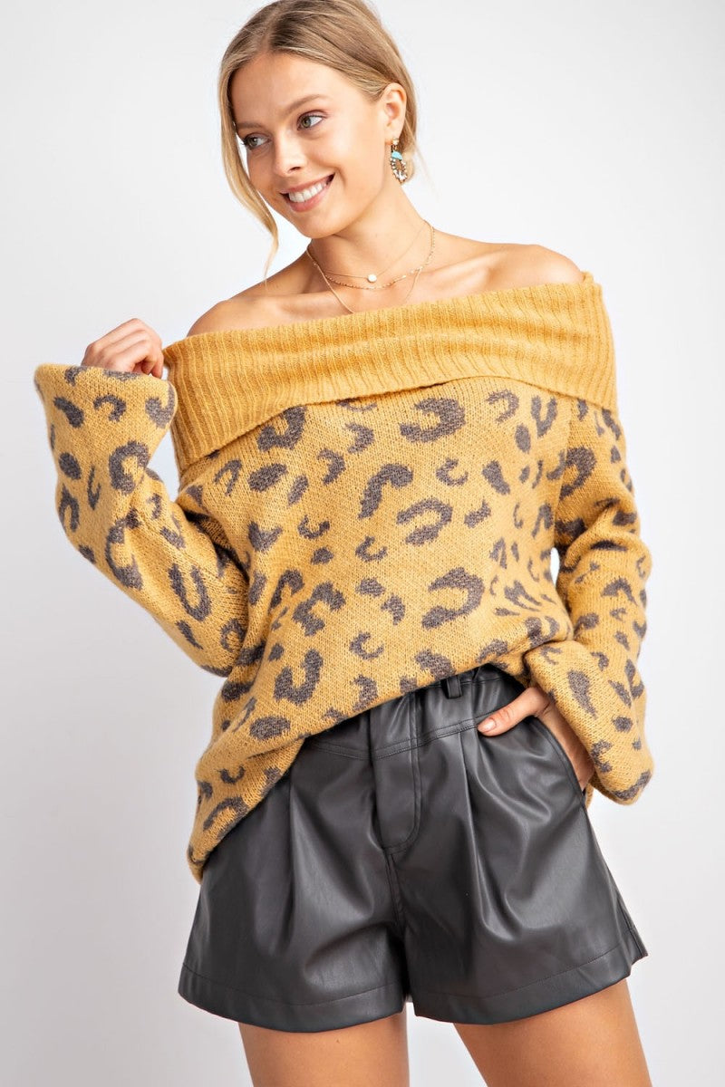 Leopard Print Cowl Neck Pullover Sweater Mustard Southern Fashion Boutique Bliss