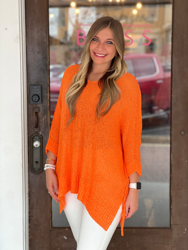 Hi Low Knit 3/4 Sleeve Sweater Top Tangerine