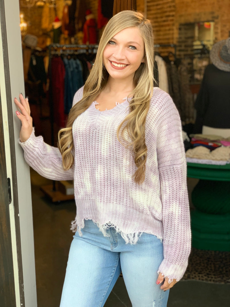 Frayed V-Neck Tie Dye Sweater Lilac