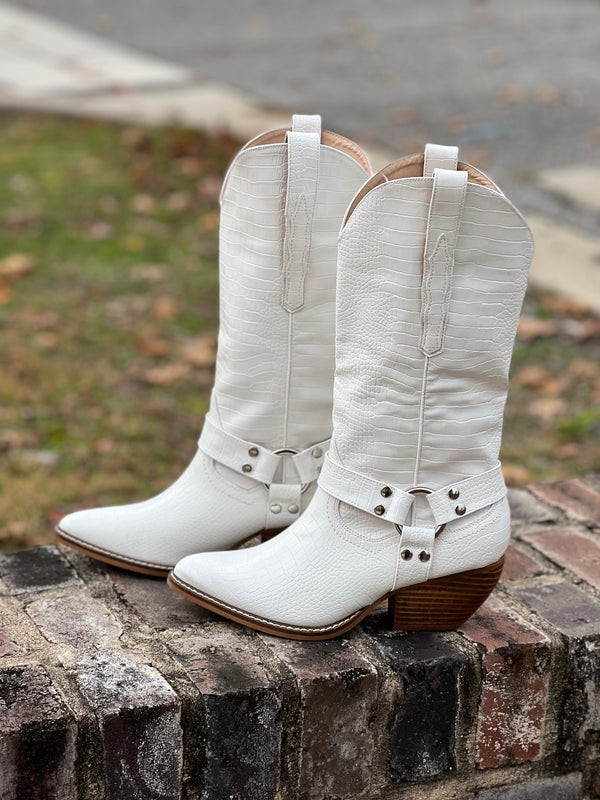 Knee High Western Pointy Toe Boots Croco Cream