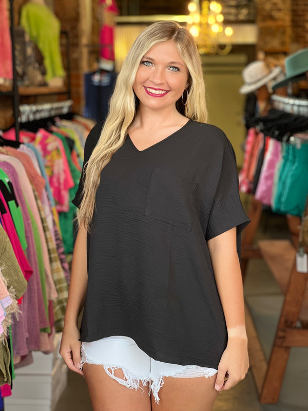 Dolman Short Sleeve V-Neck Top Black