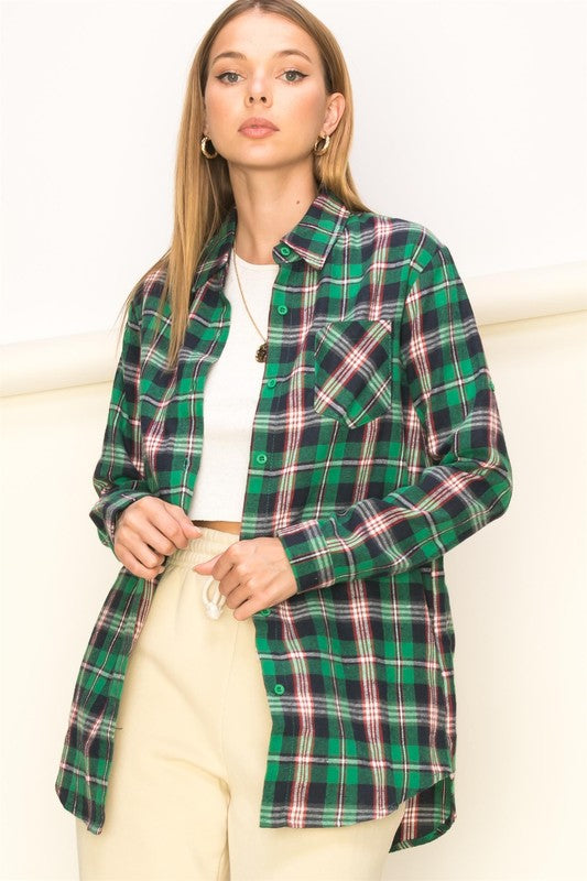 Long Sleeve Button Down Plaid Shirt Green - Southern Fashion Boutique Bliss
